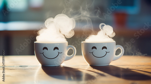 Coffee cups with smiling faces on wooden table 

