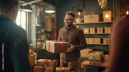 In a boutique, a salesman is introducing the latest cardboard boxes to customer,genrative ai