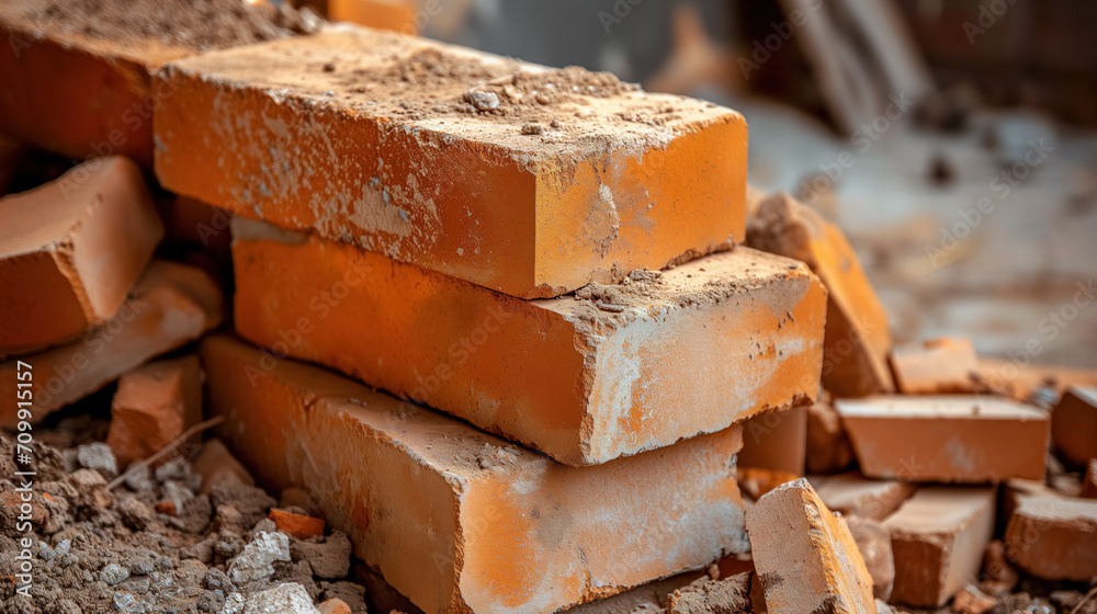 Pile of orange bricks at a construction site.