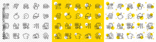 Online order, Eat pizza, Fast grocery service. Food delivery line icons. Home delivery, Burger or cheeseburger, Courier with food outline icons. Smartphone order, Coffee deliver, Apple fruit. Vector