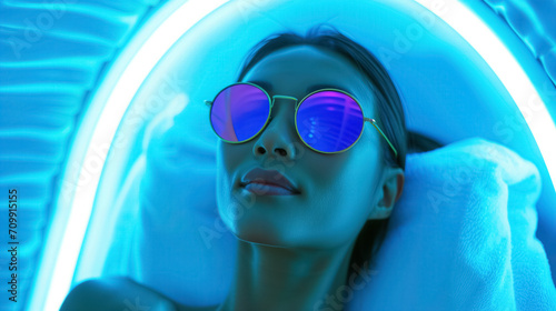 Woman with sunglasses in a tanning bed.