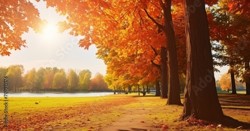 The Warmth of Sunlight Illuminating the Autumnal Trees and Leaves in a Park