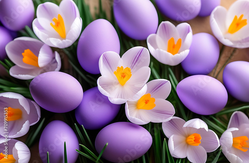 Beautiful spring background with white and purple crocuses and purple Easter eggs on a meadow, top view