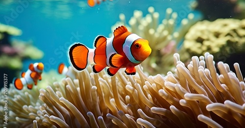 Beautiful color clownfish on coral reefs, anemones on tropical coral reefs