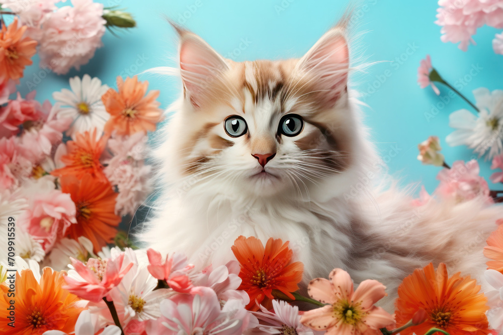 kitten with flowers on a blue background 