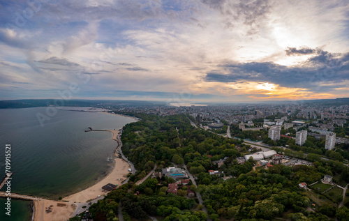 Stunning aerial view of the coast and Varna city, Bulgaria at sunset