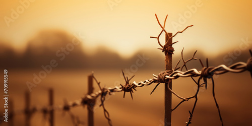 An old barbed wire stands out in sepia tones, wrapped tightly around a wooden post photo