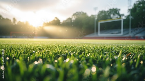 An athletic field at sunrise with fresh dew on the grass and empty stands #709915982