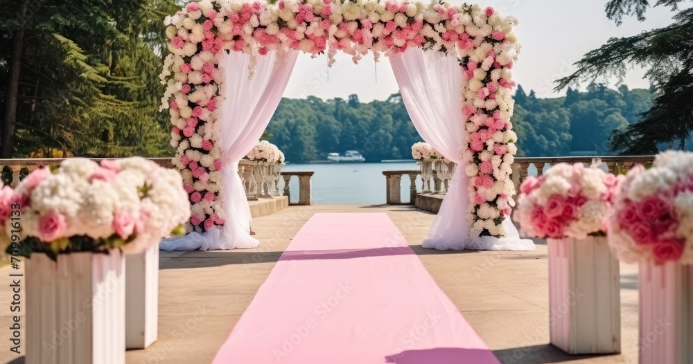 An Outdoor Wedding Ceremony Under a Beautiful Arch Decorated with Cloth and Pastel Flowers