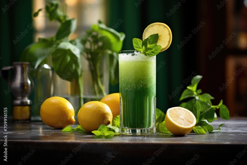 Fototapeta premium Green smoothie with lemon and straw on the table