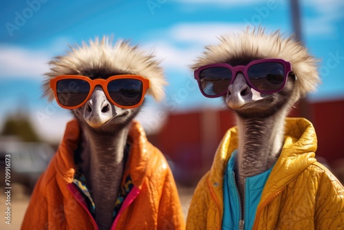 Ostriches in sunglasses and bright jackets © Julia Jones