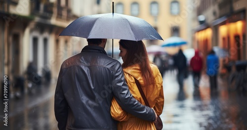 A Close-Up from Behind of a Young Couple Enjoying a Rainy City Walk
