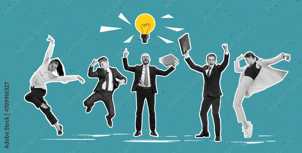 © master1305 - Businesspeople working with creative ideas, reaching professional success, growing skills. Contemporary art collage. Concept of business, teamwork, ambitions, challenges, win, promotion