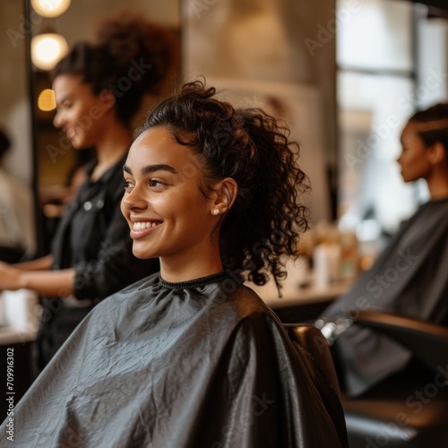 Portrait of a smiling young woman sitting at the barber shop