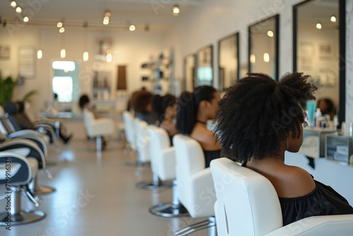 Rear view of young African-American female hairdresser working in beauty salon