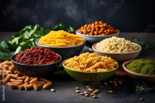 A variety of fusilli pasta from different types of legumes. Noodles Alternative