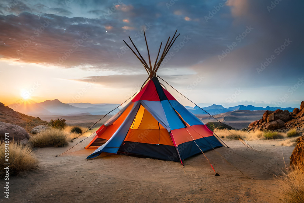 native tipi style camping tent in the wilderness , outdoor activity - obrazy, fototapety, plakaty 