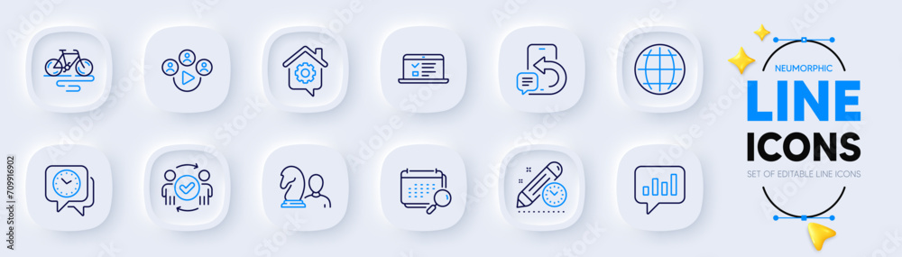 Globe, Chess and Bike line icons for web app. Pack of Work home, Web lectures, Clock pictogram icons. Calendar, Analytical chat, Approved teamwork signs. Video conference. Neumorphic buttons. Vector