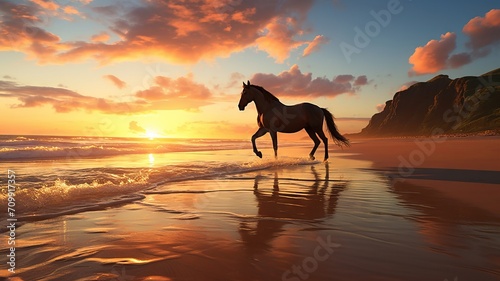 Lone horse gallops along a pristine sandy beach at dawn