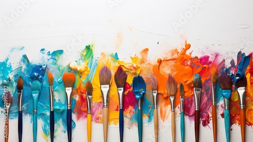 An array of colorful paintbrushes with bright paint splatters on a white canvas photo