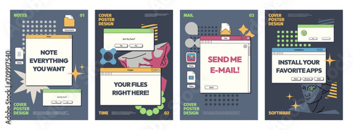 Vaporwave posters. Abstract surrealistic comic hipster style banners with retro technology and retro style elements. Vector minimalistic posters of flyer graphic tech, glitch future illustration