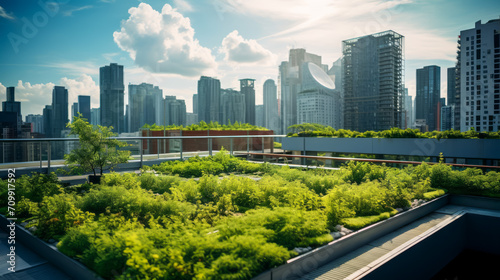 Green rooftop park in urban environment with skyline background