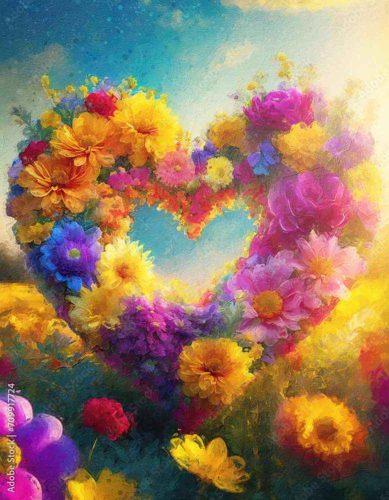 Heart symbol wreath made of colorful flowers blooming on a summer meadow at sunrise. Love concept romantic background for Valentines day