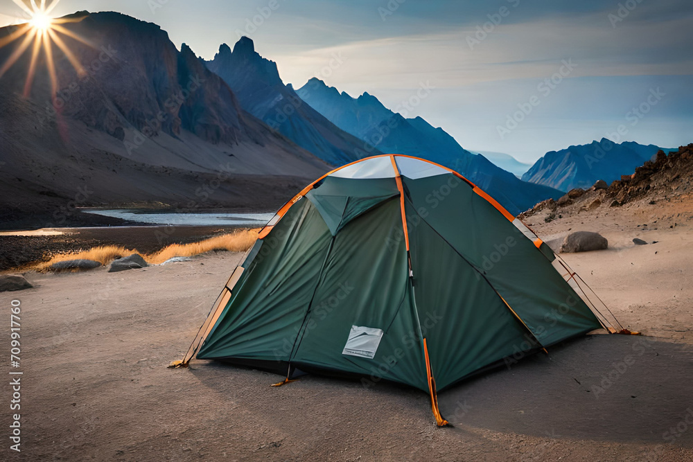 camping tent in the canyon at sunset  , outdoor activity - obrazy, fototapety, plakaty 