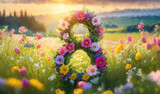 Number 8 wreath made of colorful flowers on a blooming meadow in sunrise soft light. Conceptual background for the International Women's Day celebrated on march 8th