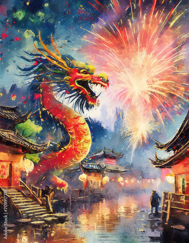 Chinese dragon and fireworks in the sky above an old chinese village celebrating the asian new year with the 2024 character symbol. Conceptual festive painting scene © psychoshadow