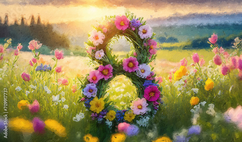 Number 8 wreath made of colorful flowers on a blooming meadow in sunrise soft light. Conceptual background for the International Women's Day celebrated on march 8th photo