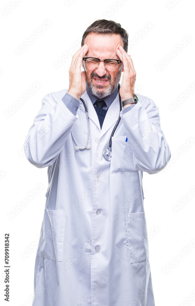 Middle age senior hoary doctor man wearing medical uniform isolated background with hand on head for pain in head because stress. Suffering migraine. Middle age senior hoary doctor man wearing medical uniform isolated background with hand on head for pain in head because stress. Suffering migraine.