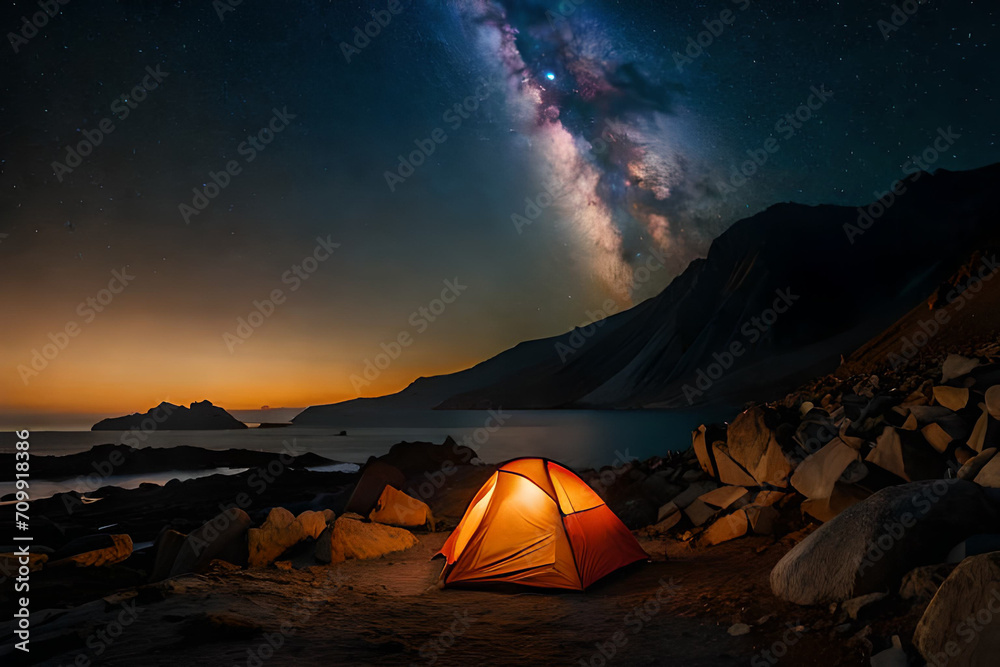 brught lighten tent in the wilderness ,night camping under magnifiscient nebula