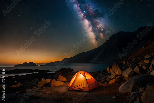  brught lighten tent in the wilderness ,night camping under magnifiscient nebula © eric