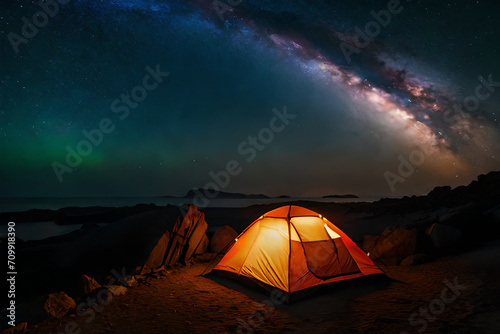  brught lighten tent in the wilderness ,night camping under magnifiscient nebula photo