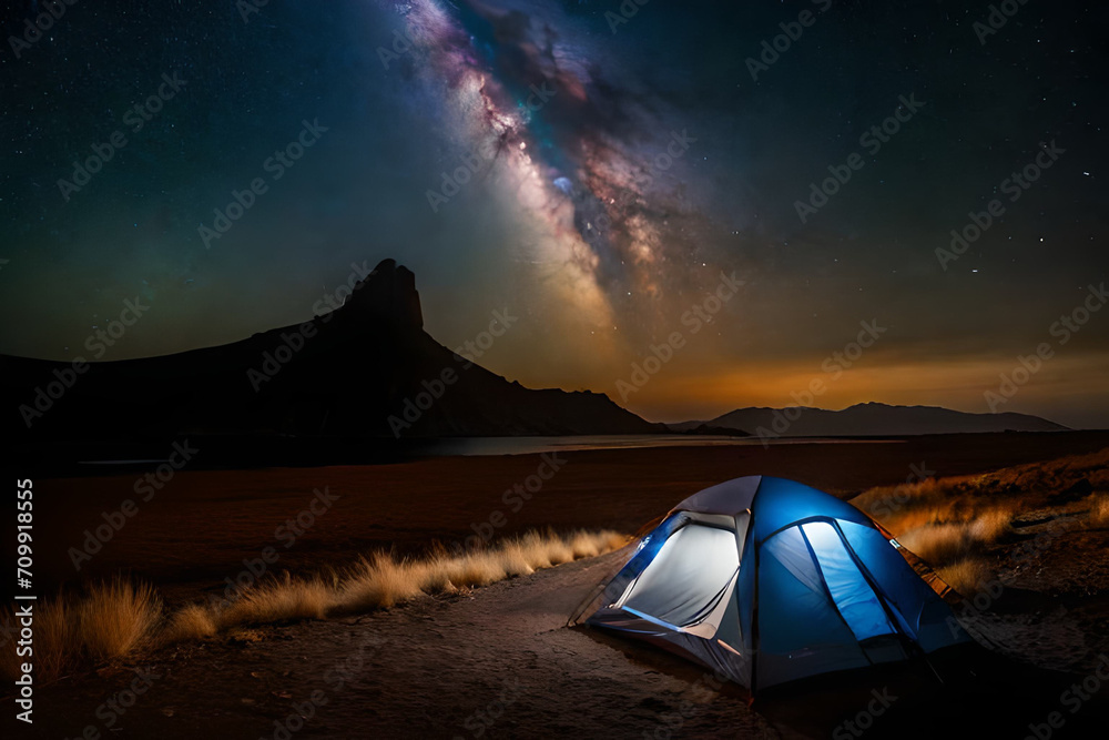  brught lighten tent in the wilderness ,night camping under magnifiscient nebula - obrazy, fototapety, plakaty 