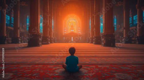 Muslim boy praying in a mosque photo