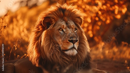 Majestic lion stands alert on the savannah at sunset