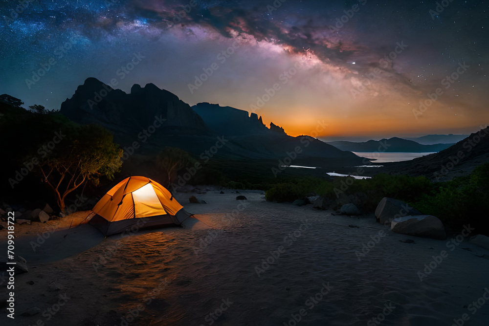 tent in the nature at night , camping under a starry sky