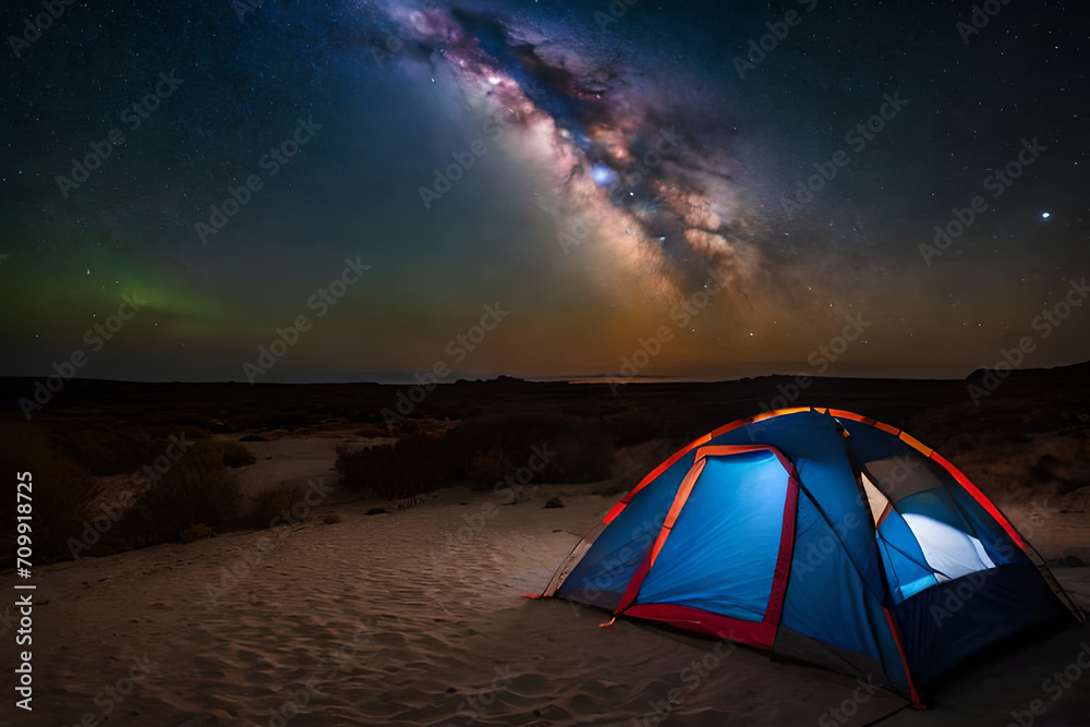  tent in the nature at night , camping under a starry sky - obrazy, fototapety, plakaty 