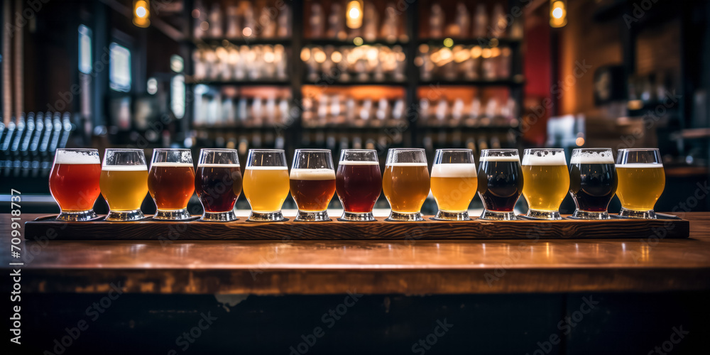 Assorted craft beer flight on wooden bar counter - obrazy, fototapety, plakaty 