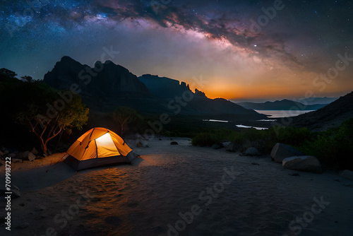  tent in the nature at night , camping under a starry sky