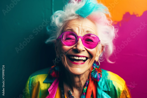 Happy elderly woman, grandmother in fancy sunglasses. The youth of her soul. Generative AI