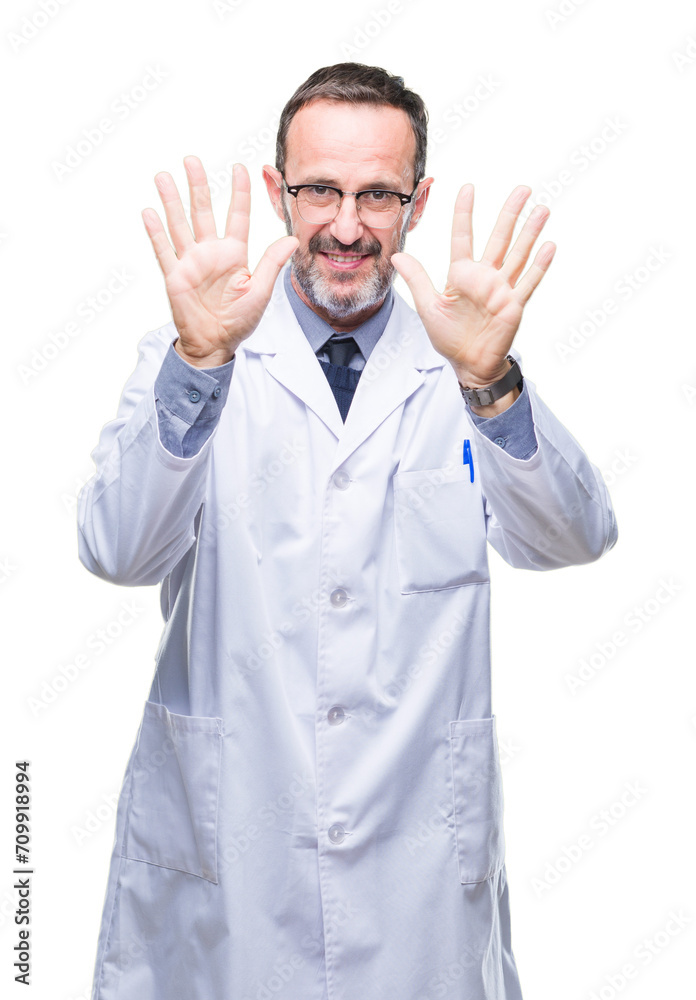 Middle age senior hoary professional man wearing white coat over isolated background showing and pointing up with fingers number ten while smiling confident and happy. Middle age senior hoary professional man wearing white coat over isolated background showing and pointing up with fingers number ten while smiling confident and happy.
