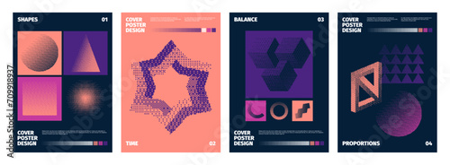 Pixel dither posters. Abstract minimalistic shapes with glitch and noise effects. Vector 90s retro bitmap cover design geometric shape futuristic, wireframe techno illustration photo