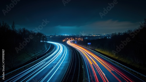long exposure photo of a highway at night, vibrant, generative ai © Naseem