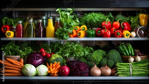 Refrigerator brimming with colorful and assorted fresh produce and ingredients photo