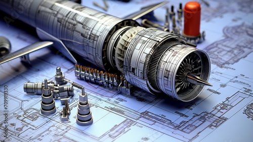 An array of aeronautical components showcased in an engineering blueprint photo