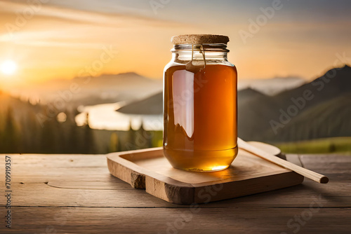 honey jar in a natural landscape , rustic and wooden ambiance