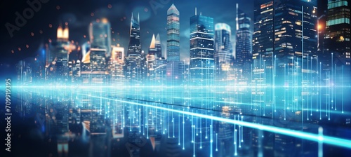 Futuristic cityscape with glowing lights, skyscrapers and blurred bokeh background of finance drones